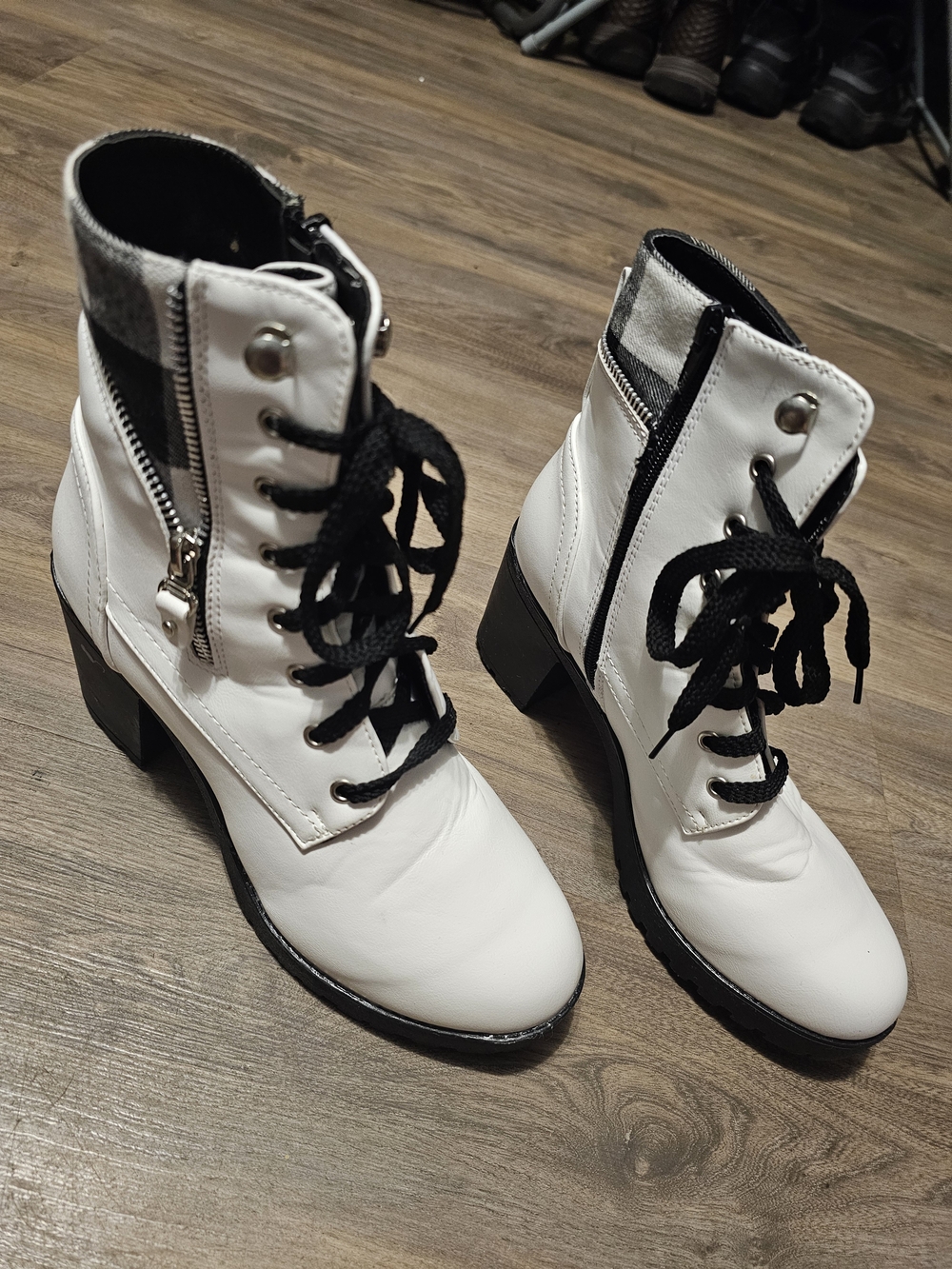 White Lace-Up Block Heel Ankle Boots with Side Zipper